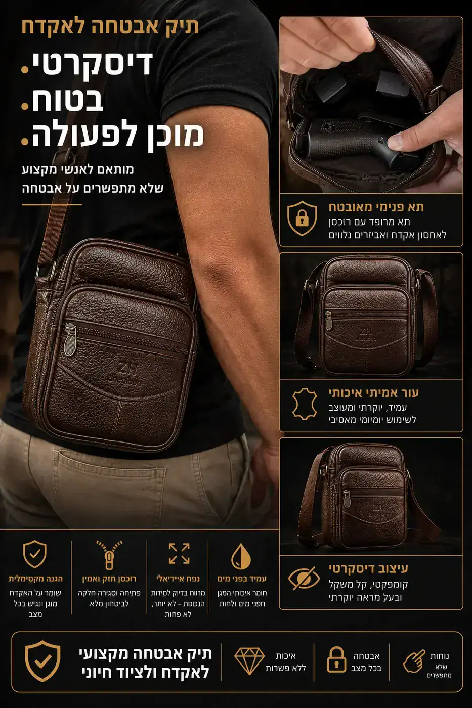 תיק לאקדח מעור אמיתי – קטן וקומפקטי חום - חום