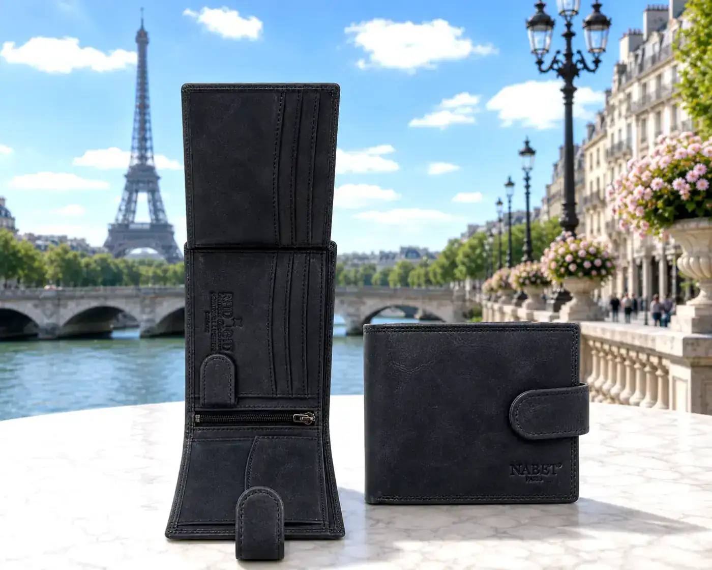 ארנק עור גדול NABET PARIS – רב תאים עם קליפס והגנת RFID אפור גדול 12×10 ס״מ