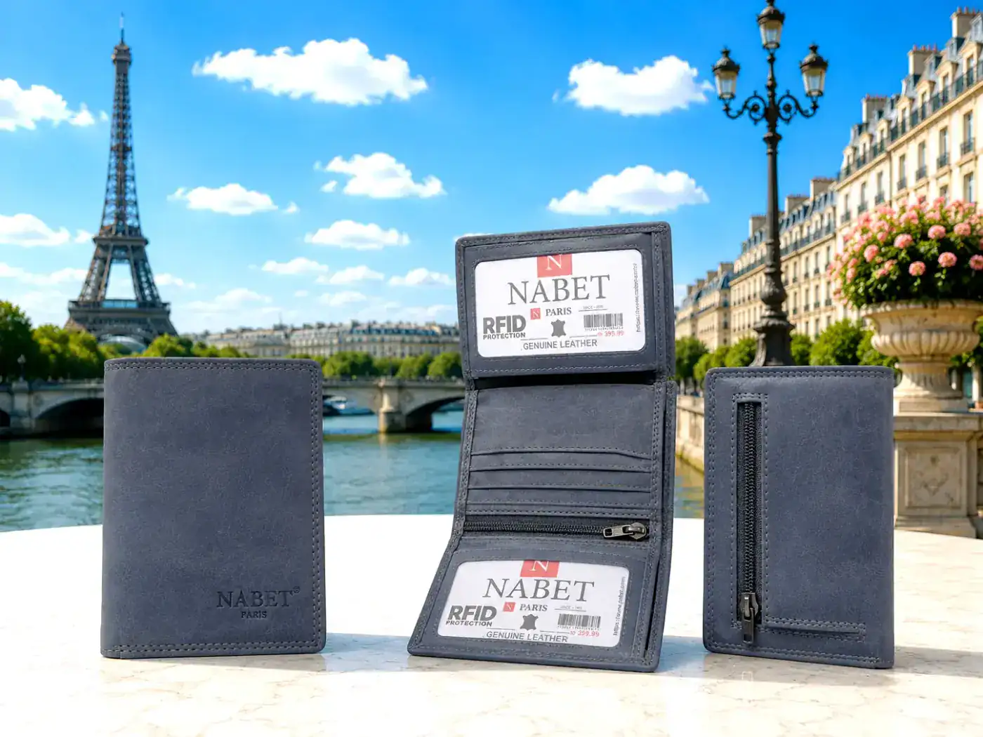 ארנק עור קטן RFID NABET PARIS – סגירה כפולה במגנטים חזקים - כחול - קטן 11×8 ס״מ