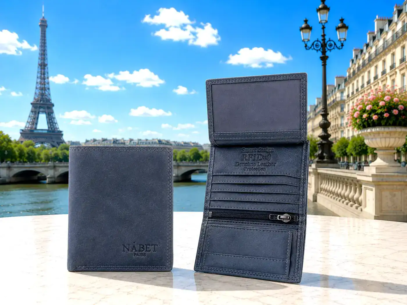ארנק עור אמיתי קטן RFID יוקרתי NABET PARIS - כחול