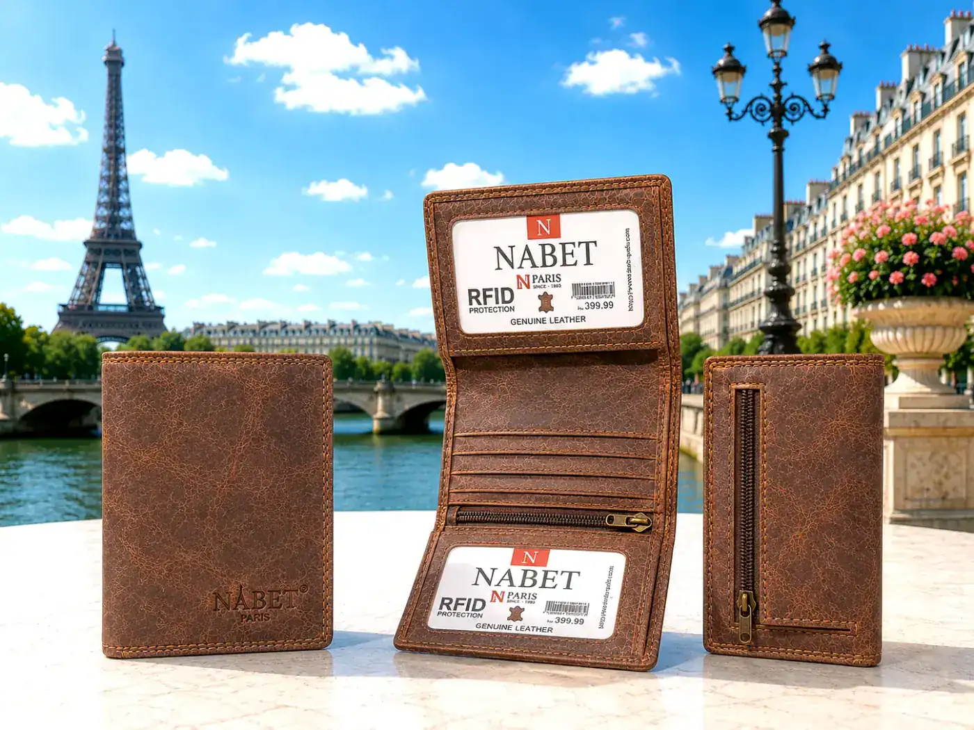 ארנק עור קטן RFID NABET PARIS – סגירה כפולה במגנטים חזקים - קאמל - קטן 11×8 ס״מ