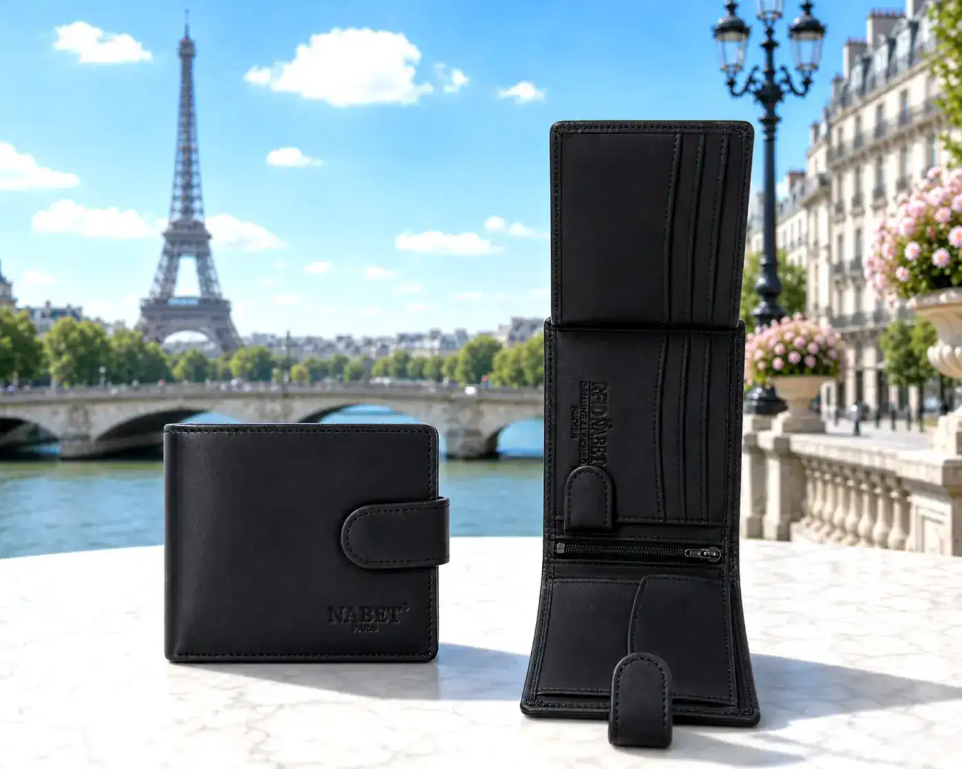 ארנק עור גדול NABET PARIS – רב תאים עם קליפס והגנת RFID שחור גדול 12×10 ס״מ