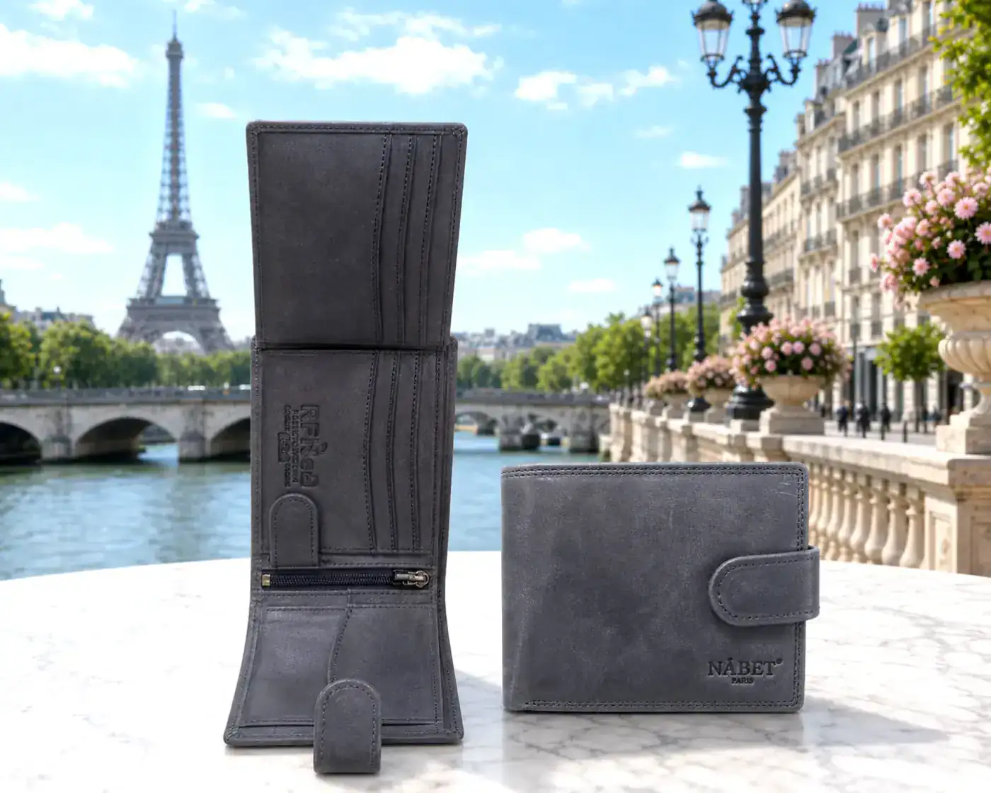 ארנק עור גדול NABET PARIS – רב תאים עם קליפס והגנת RFID כחול גדול 12×10 ס״מ